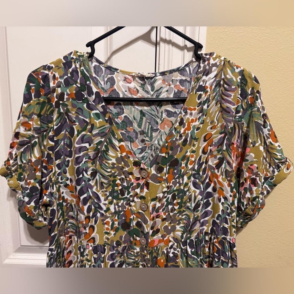 Jodifl Floral Print Olive Green Multi Colored Dress Button Down V-Neck Sz M - Picture 2 of 11